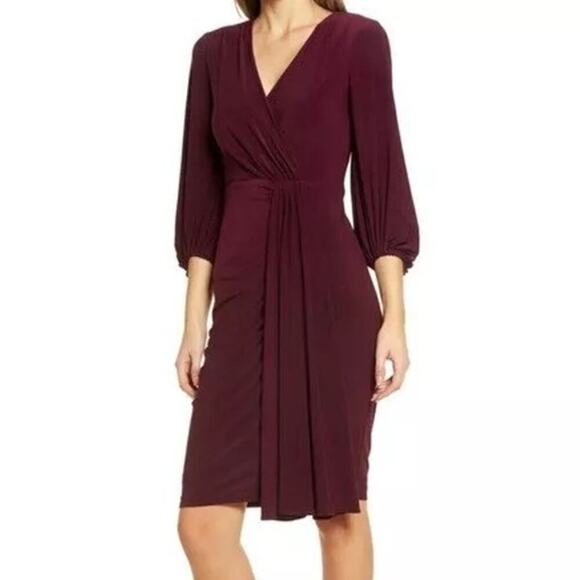 Eliza J Faux Wrap Dress Pleated Ruched 3/4 Sleeve Knee Length Sheath Wine Red 2 - Picture 1 of 8
